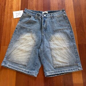 vintage baggy y2k urban wide leg distressed blue faded denim jean shorts skater